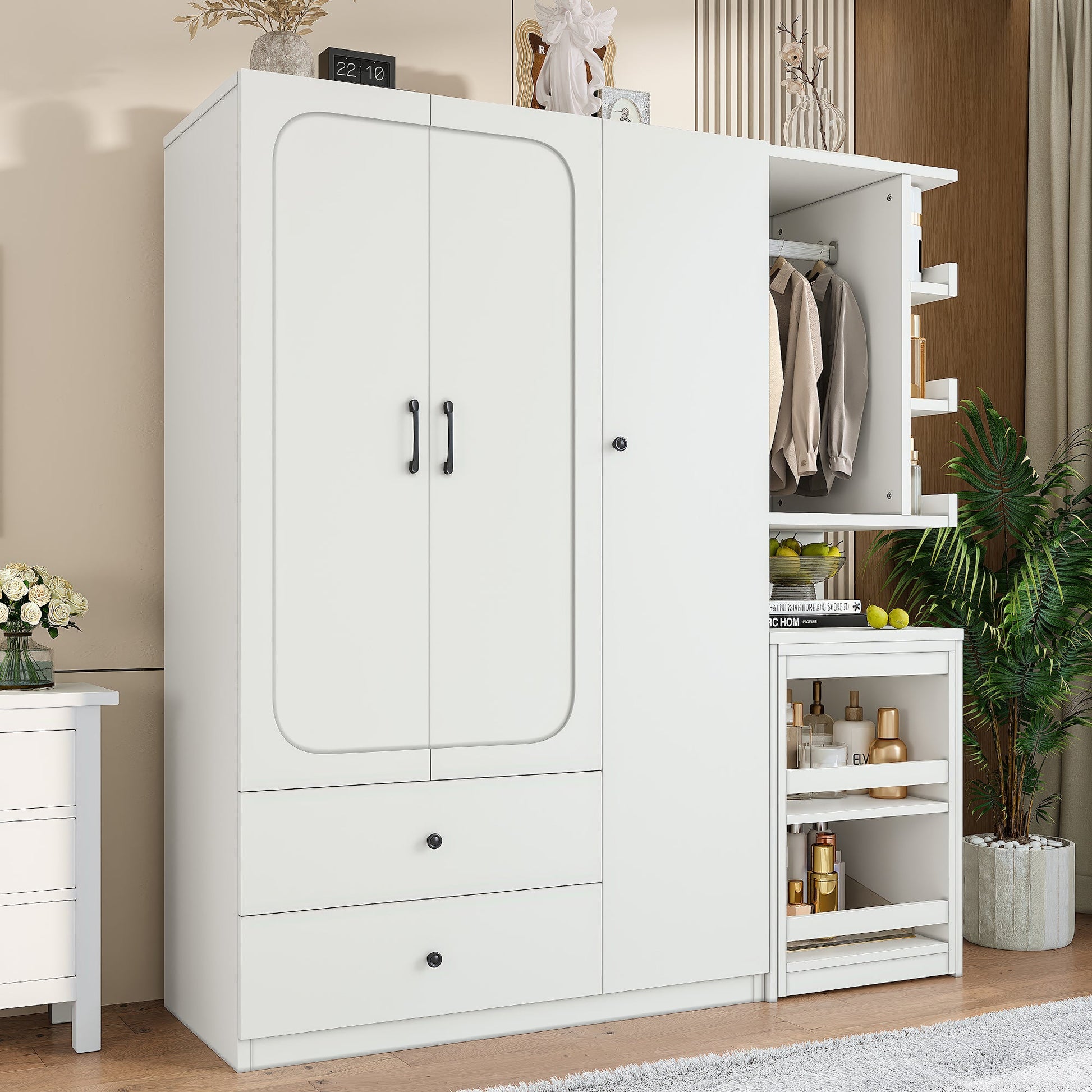 Multifunctional Wardrobe with 2 Doors and Hanging Rod, Wooden clothes closet with Convertible Desk and Storage Drawers, Multi - storage Spaces, for Bedroom, Cloak Room, Laundry, White - 1st Choice Furniture Direct