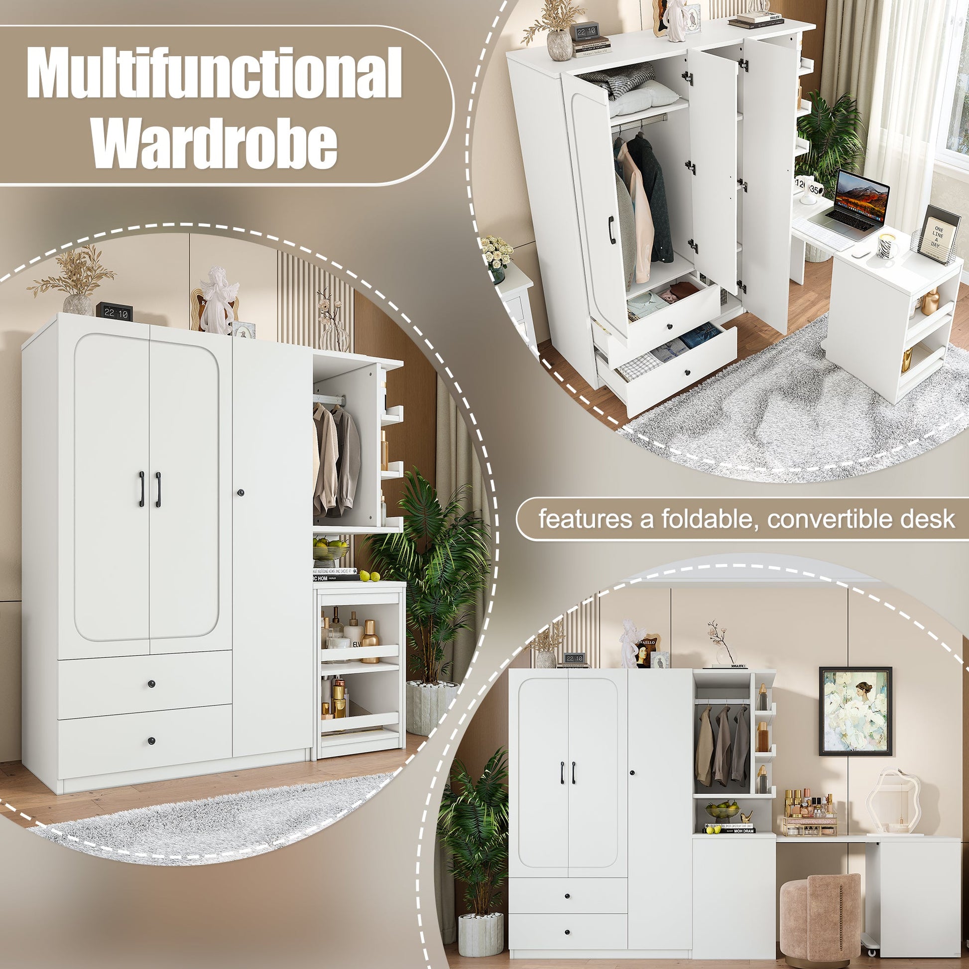 Multifunctional Wardrobe with 2 Doors and Hanging Rod, Wooden clothes closet with Convertible Desk and Storage Drawers, Multi - storage Spaces, for Bedroom, Cloak Room, Laundry, White - 1st Choice Furniture Direct
