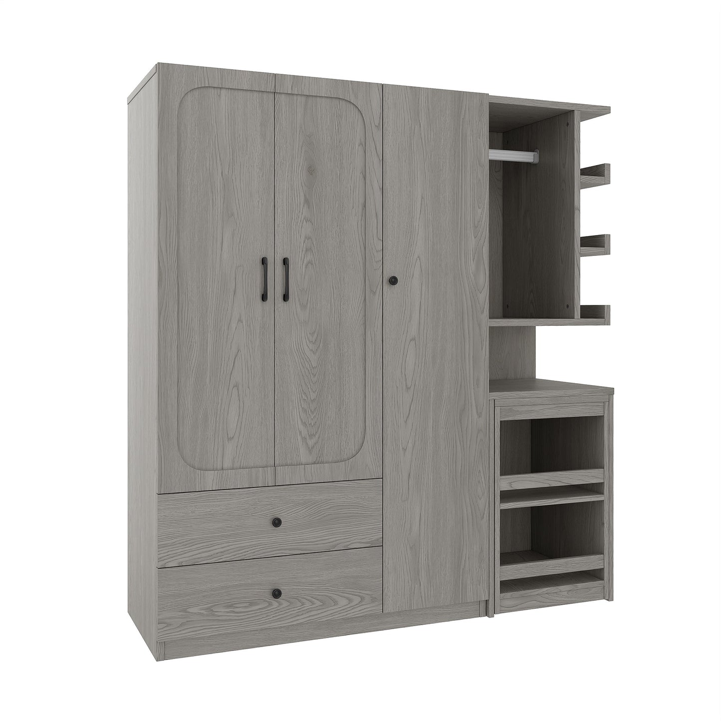 Multifunctional Wardrobe with 2 Doors and Hanging Rod, Wooden clothes closet with Convertible Desk and Storage Drawers, Multi - storage Spaces, for Bedroom, Cloak Room, Laundry, Gray - 1st Choice Furniture Direct