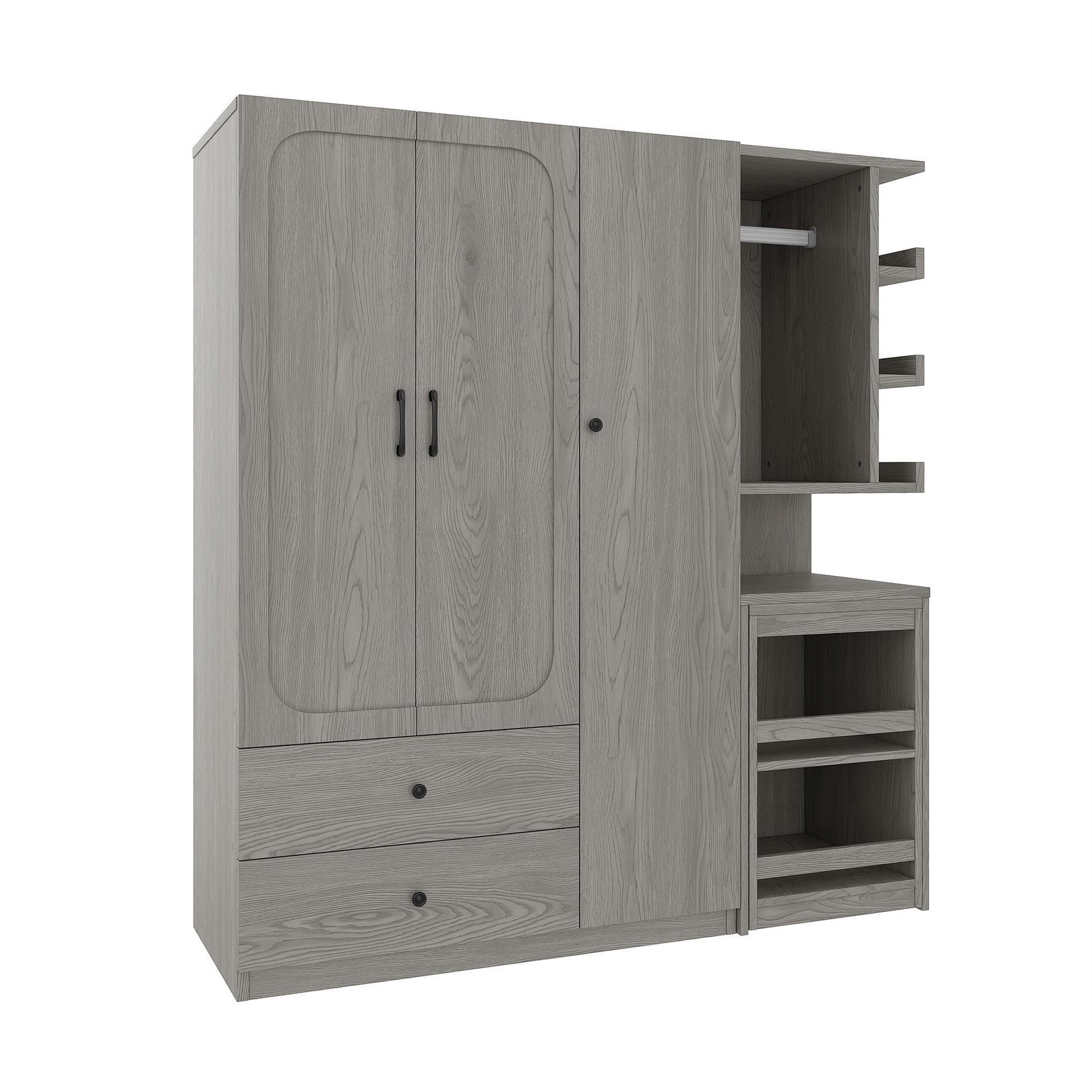 Multifunctional Wardrobe with 2 Doors and Hanging Rod, Wooden clothes closet with Convertible Desk and Storage Drawers, Multi - storage Spaces, for Bedroom, Cloak Room, Laundry, Gray - 1st Choice Furniture Direct