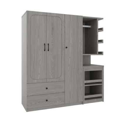 Multifunctional Wardrobe with 2 Doors and Hanging Rod, Wooden clothes closet with Convertible Desk and Storage Drawers, Multi - storage Spaces, for Bedroom, Cloak Room, Laundry, Gray - 1st Choice Furniture Direct
