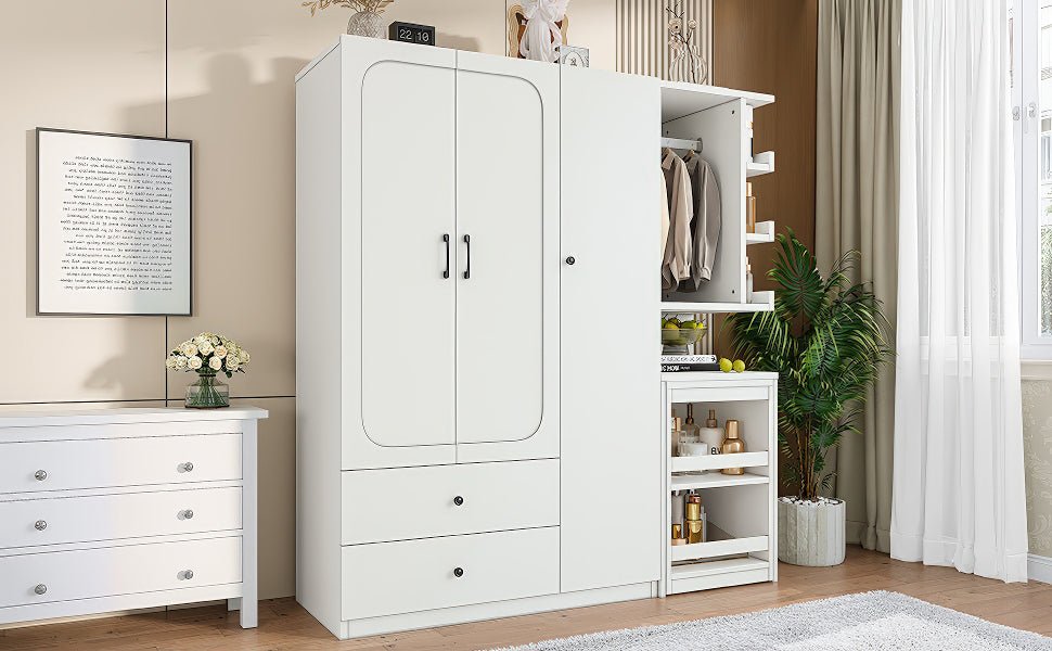 Multifunctional Wardrobe with 2 Doors and Hanging Rod, Wooden clothes closet with Convertible Desk and Storage Drawers, Multi - storage Spaces, for Bedroom, Cloak Room, Laundry, White - 1st Choice Furniture Direct