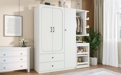 Multifunctional Wardrobe with 2 Doors and Hanging Rod, Wooden clothes closet with Convertible Desk and Storage Drawers, Multi - storage Spaces, for Bedroom, Cloak Room, Laundry, White - 1st Choice Furniture Direct