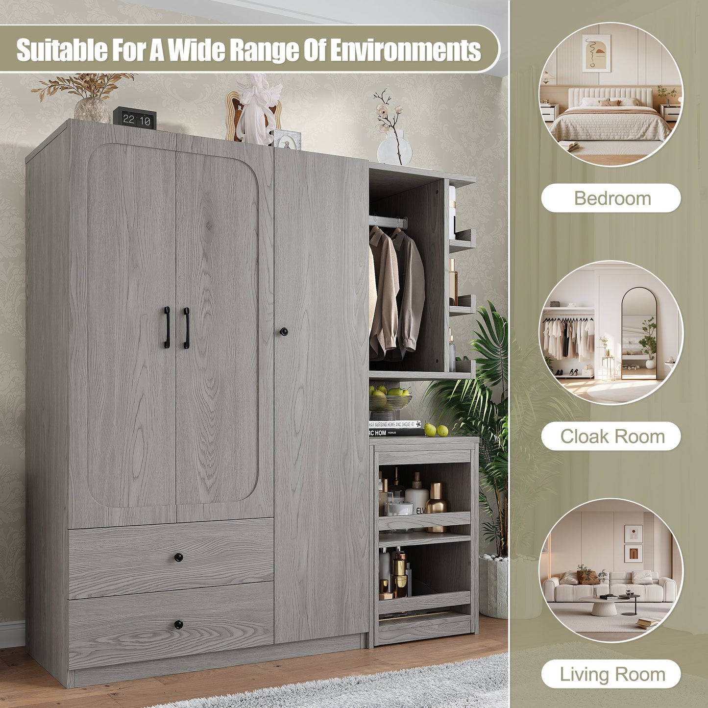 Multifunctional Wardrobe with 2 Doors and Hanging Rod, Wooden clothes closet with Convertible Desk and Storage Drawers, Multi - storage Spaces, for Bedroom, Cloak Room, Laundry, Gray - 1st Choice Furniture Direct