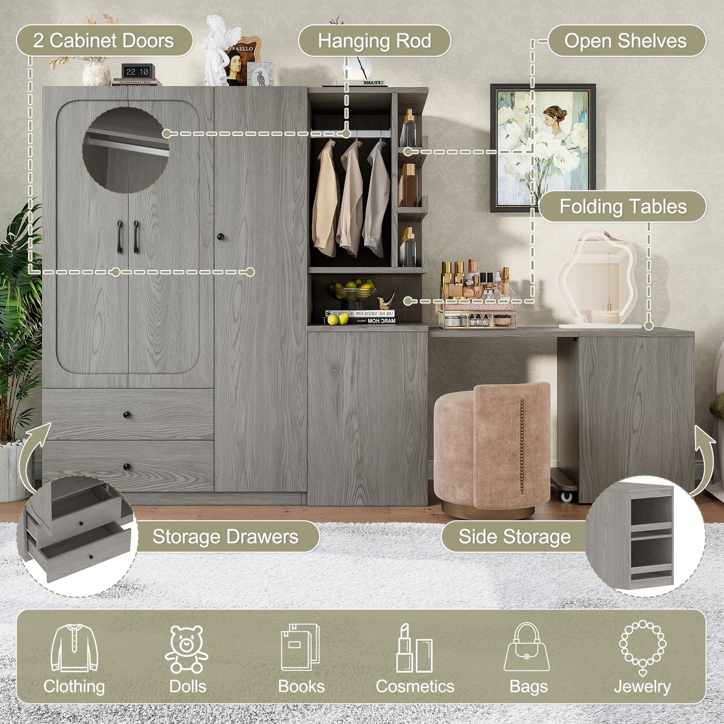 Multifunctional Wardrobe with 2 Doors and Hanging Rod, Wooden clothes closet with Convertible Desk and Storage Drawers, Multi - storage Spaces, for Bedroom, Cloak Room, Laundry, Gray - 1st Choice Furniture Direct
