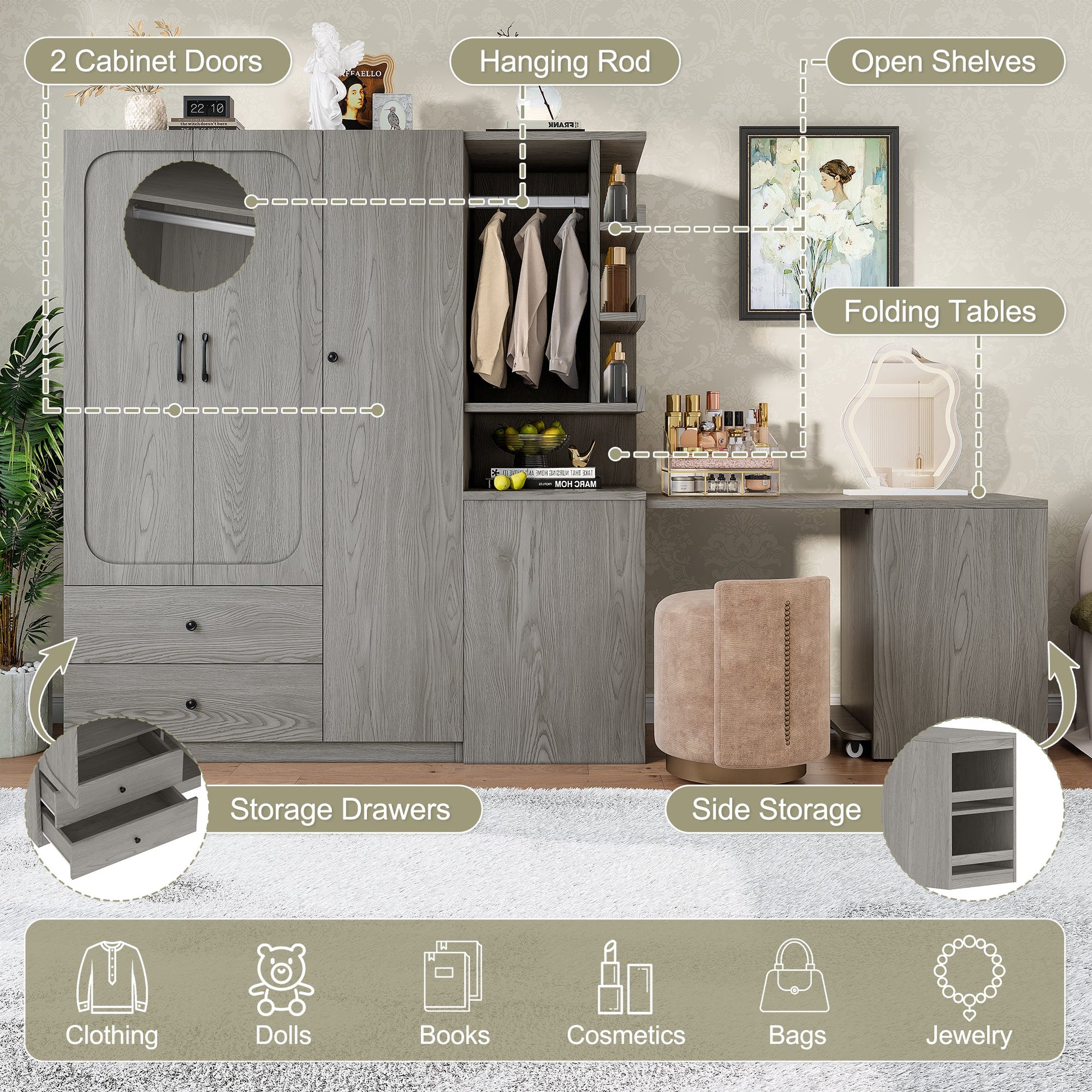 Multifunctional Wardrobe with 2 Doors and Hanging Rod, Wooden clothes closet with Convertible Desk and Storage Drawers, Multi - storage Spaces, for Bedroom, Cloak Room, Laundry, Gray - 1st Choice Furniture Direct