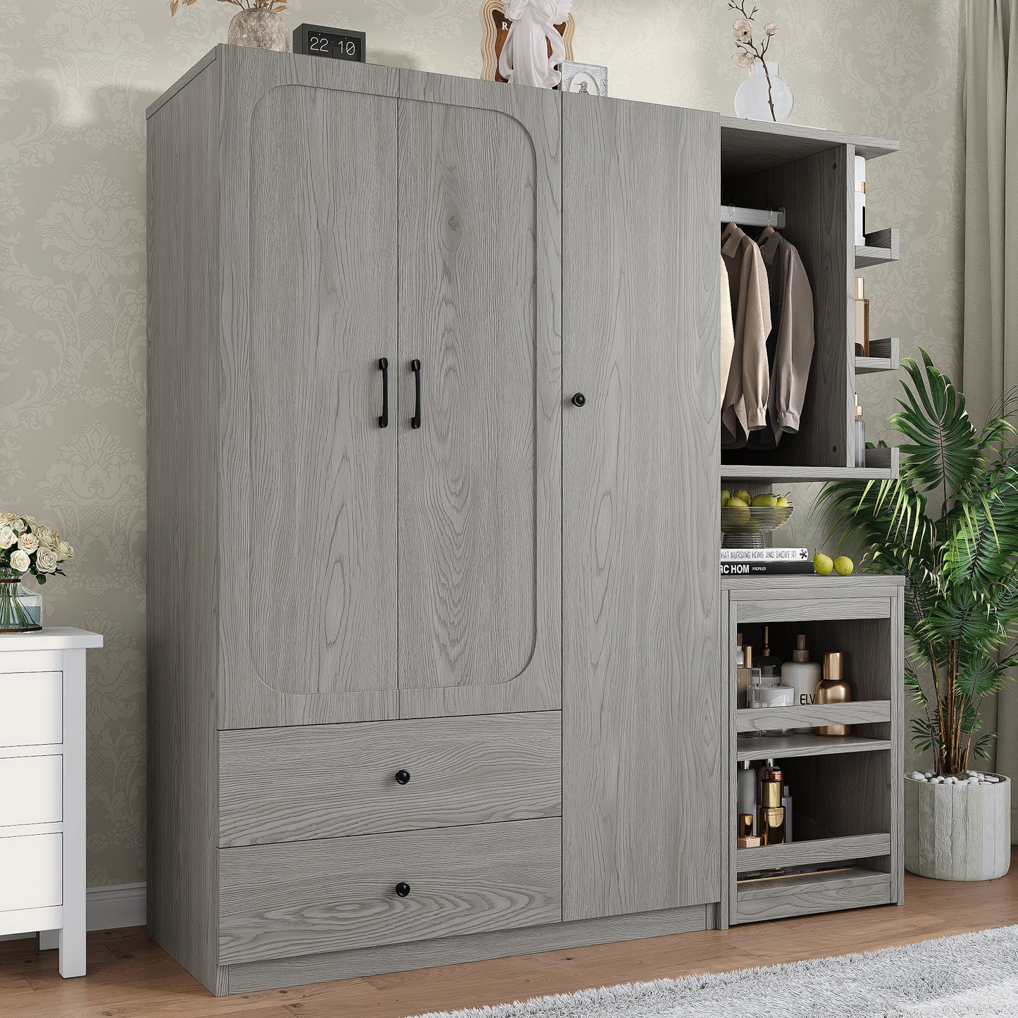 Multifunctional Wardrobe with 2 Doors and Hanging Rod, Wooden clothes closet with Convertible Desk and Storage Drawers, Multi - storage Spaces, for Bedroom, Cloak Room, Laundry, Gray - 1st Choice Furniture Direct