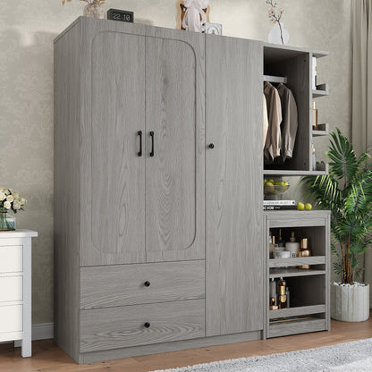 Multifunctional Wardrobe with 2 Doors and Hanging Rod, Wooden clothes closet with Convertible Desk and Storage Drawers, Multi - storage Spaces, for Bedroom, Cloak Room, Laundry, Gray - 1st Choice Furniture Direct