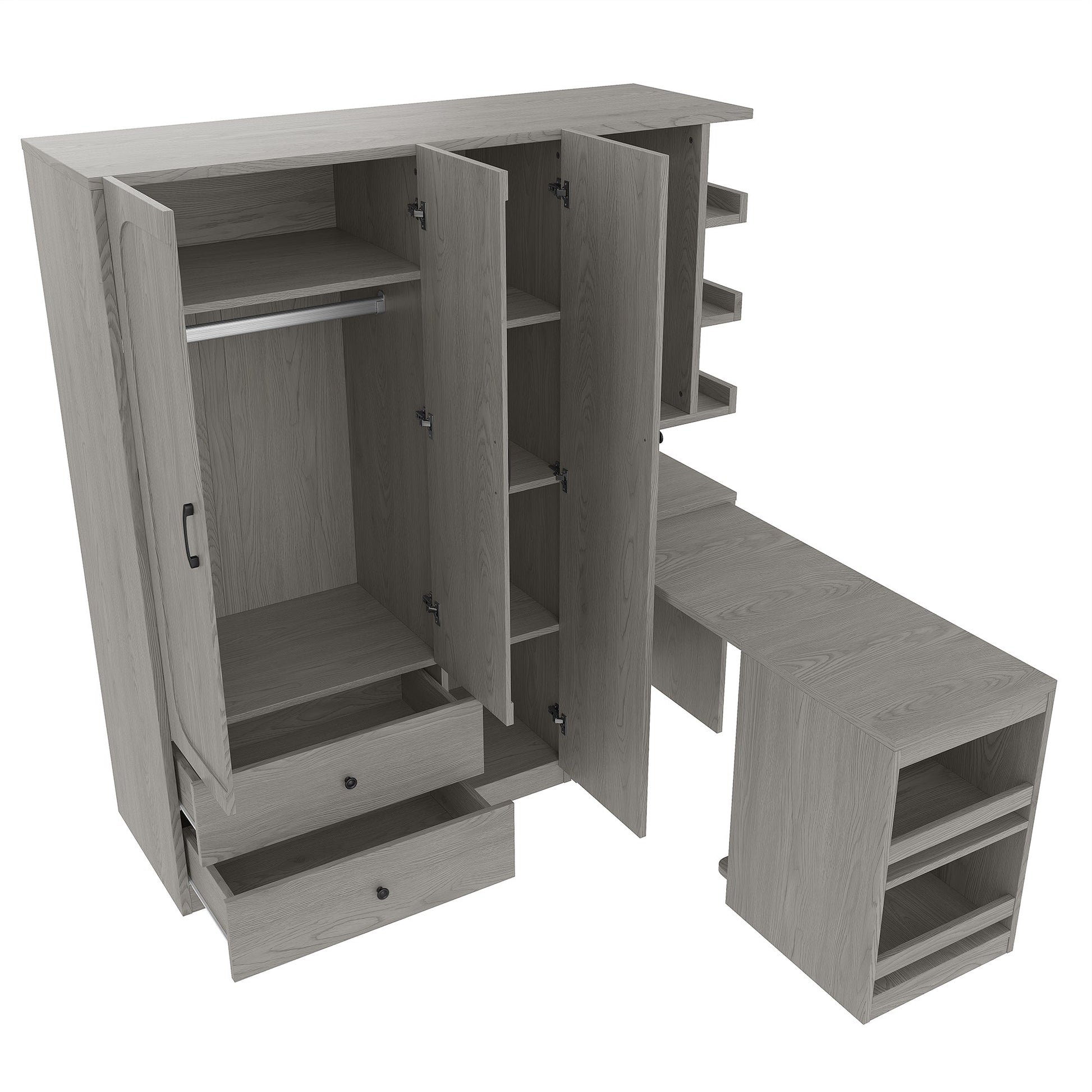 Multifunctional Wardrobe with 2 Doors and Hanging Rod, Wooden clothes closet with Convertible Desk and Storage Drawers, Multi - storage Spaces, for Bedroom, Cloak Room, Laundry, Gray - 1st Choice Furniture Direct