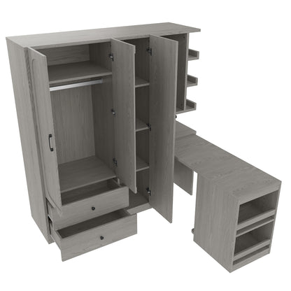 Multifunctional Wardrobe with 2 Doors and Hanging Rod, Wooden clothes closet with Convertible Desk and Storage Drawers, Multi - storage Spaces, for Bedroom, Cloak Room, Laundry, Gray - 1st Choice Furniture Direct