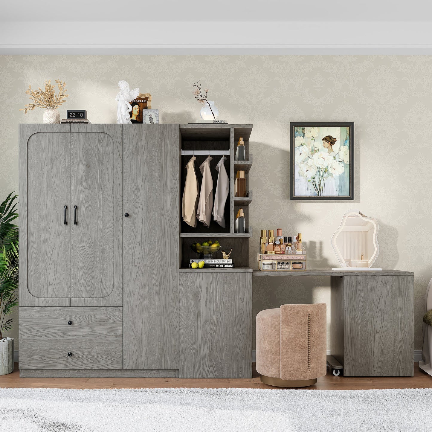 Multifunctional Wardrobe with 2 Doors and Hanging Rod, Wooden clothes closet with Convertible Desk and Storage Drawers, Multi - storage Spaces, for Bedroom, Cloak Room, Laundry, Gray - 1st Choice Furniture Direct