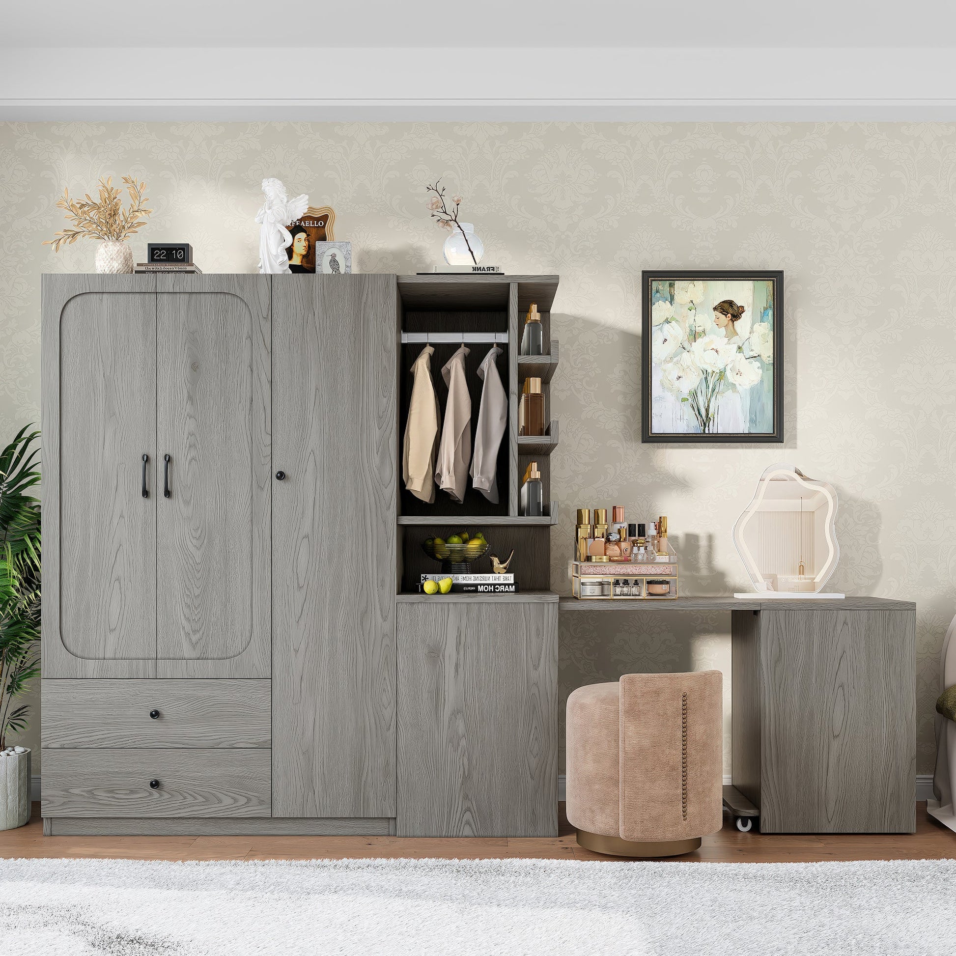 Multifunctional Wardrobe with 2 Doors and Hanging Rod, Wooden clothes closet with Convertible Desk and Storage Drawers, Multi - storage Spaces, for Bedroom, Cloak Room, Laundry, Gray - 1st Choice Furniture Direct
