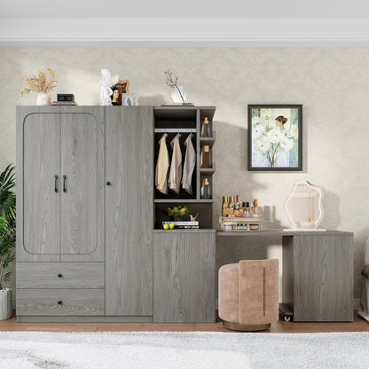 Multifunctional Wardrobe with 2 Doors and Hanging Rod, Wooden clothes closet with Convertible Desk and Storage Drawers, Multi - storage Spaces, for Bedroom, Cloak Room, Laundry, Gray - 1st Choice Furniture Direct