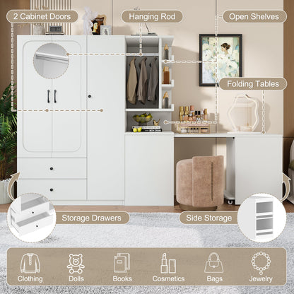 Multifunctional Wardrobe with 2 Doors and Hanging Rod, Wooden clothes closet with Convertible Desk and Storage Drawers, Multi - storage Spaces, for Bedroom, Cloak Room, Laundry, White - 1st Choice Furniture Direct