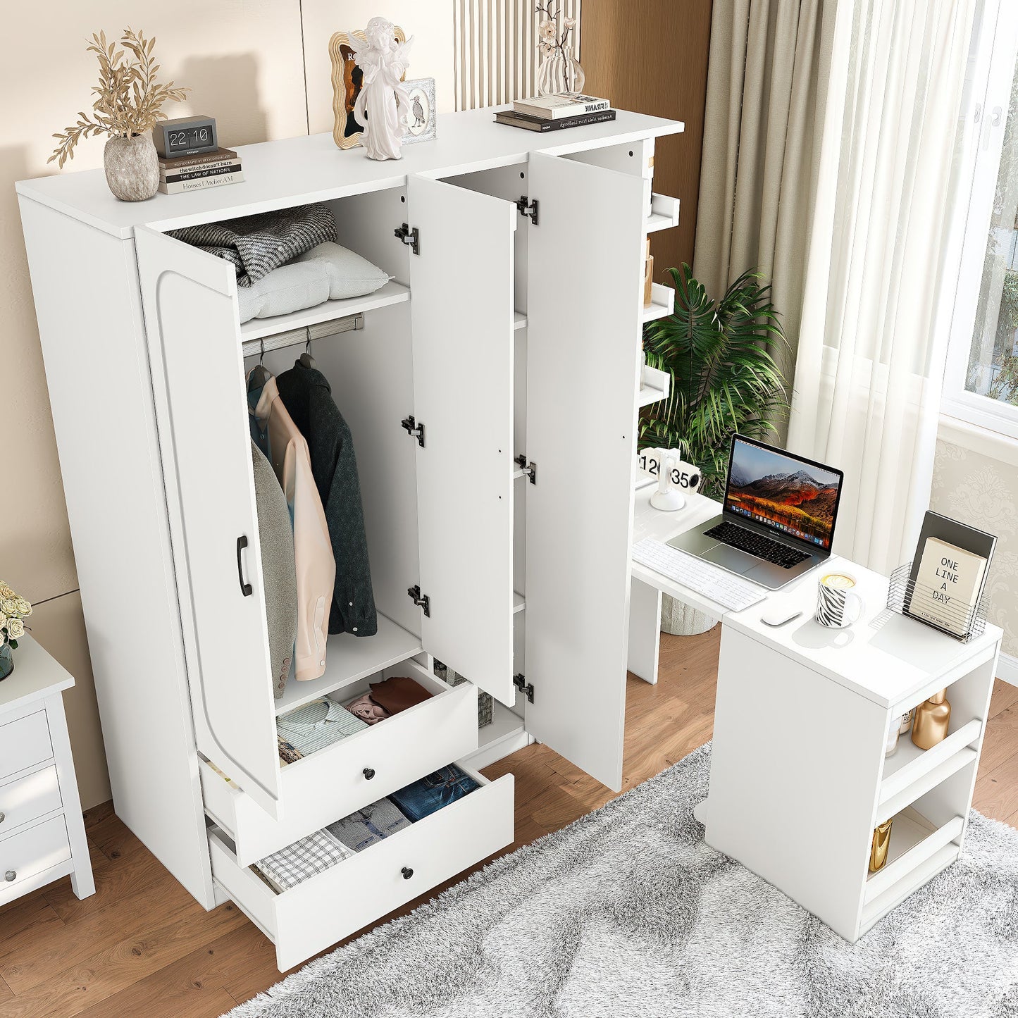 Multifunctional Wardrobe with 2 Doors and Hanging Rod, Wooden clothes closet with Convertible Desk and Storage Drawers, Multi - storage Spaces, for Bedroom, Cloak Room, Laundry, White - 1st Choice Furniture Direct
