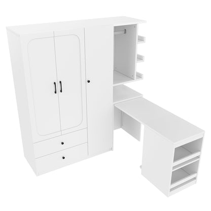 Multifunctional Wardrobe with 2 Doors and Hanging Rod, Wooden clothes closet with Convertible Desk and Storage Drawers, Multi - storage Spaces, for Bedroom, Cloak Room, Laundry, White - 1st Choice Furniture Direct