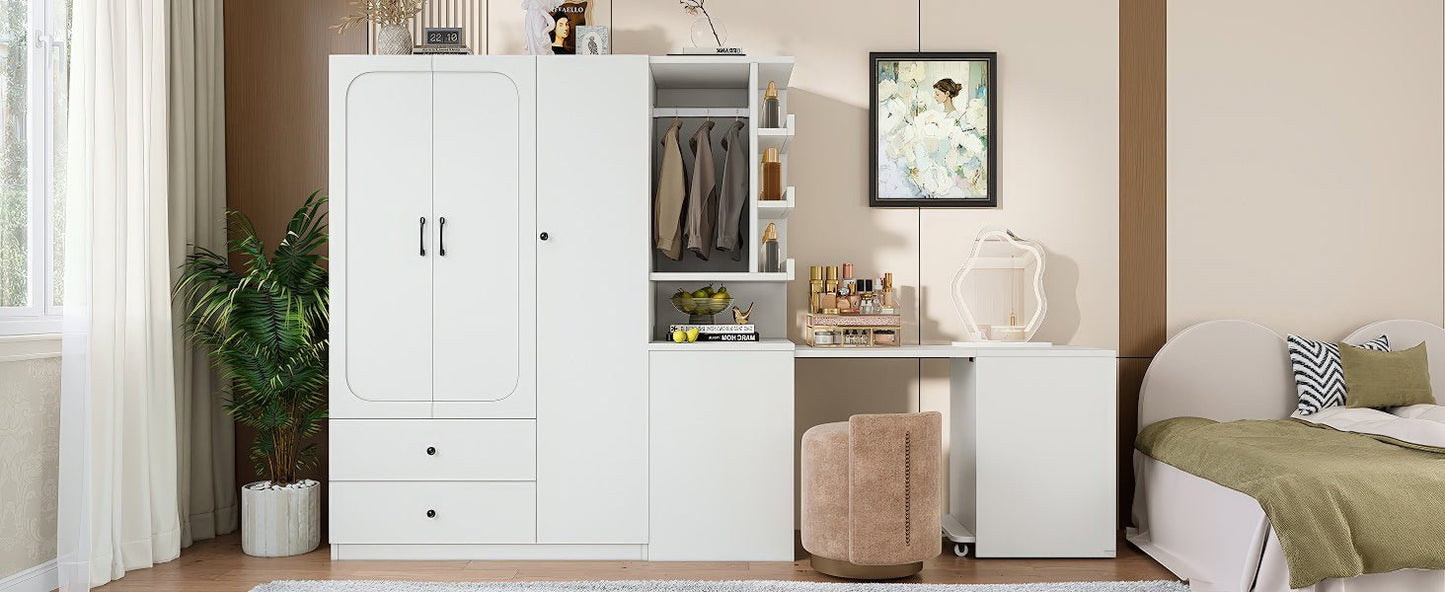 Multifunctional Wardrobe with 2 Doors and Hanging Rod, Wooden clothes closet with Convertible Desk and Storage Drawers, Multi - storage Spaces, for Bedroom, Cloak Room, Laundry, White - 1st Choice Furniture Direct