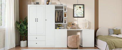 Multifunctional Wardrobe with 2 Doors and Hanging Rod, Wooden clothes closet with Convertible Desk and Storage Drawers, Multi - storage Spaces, for Bedroom, Cloak Room, Laundry, White - 1st Choice Furniture Direct