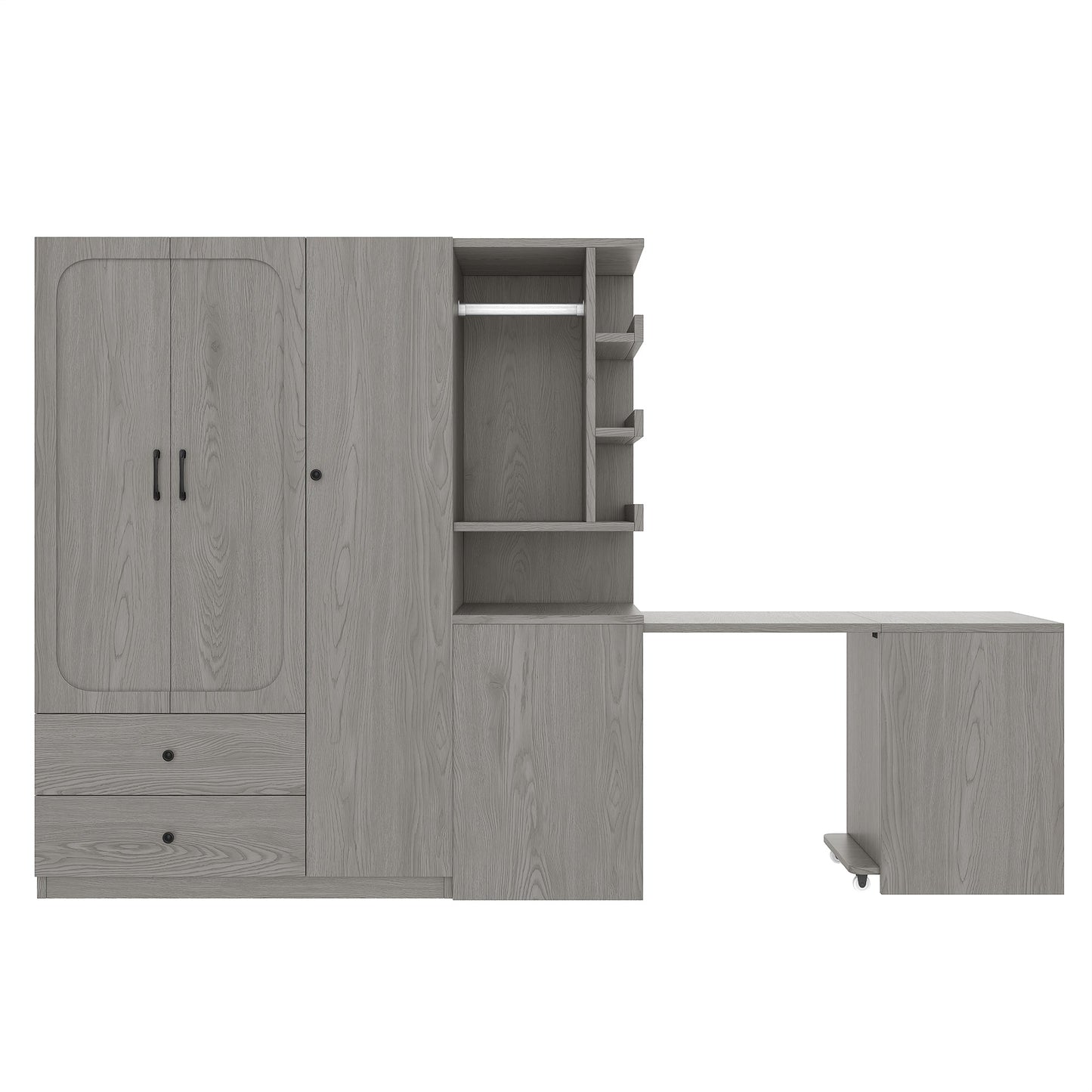 Multifunctional Wardrobe with 2 Doors and Hanging Rod, Wooden clothes closet with Convertible Desk and Storage Drawers, Multi - storage Spaces, for Bedroom, Cloak Room, Laundry, Gray - 1st Choice Furniture Direct