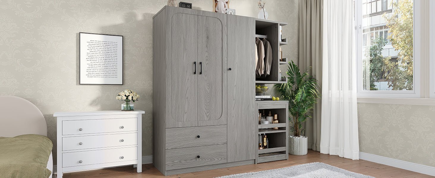 Multifunctional Wardrobe with 2 Doors and Hanging Rod, Wooden clothes closet with Convertible Desk and Storage Drawers, Multi - storage Spaces, for Bedroom, Cloak Room, Laundry, Gray - 1st Choice Furniture Direct
