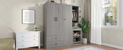 Multifunctional Wardrobe with 2 Doors and Hanging Rod, Wooden clothes closet with Convertible Desk and Storage Drawers, Multi - storage Spaces, for Bedroom, Cloak Room, Laundry, Gray - 1st Choice Furniture Direct