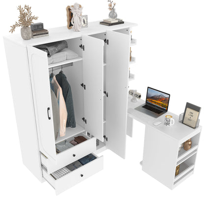 Multifunctional Wardrobe with 2 Doors and Hanging Rod, Wooden clothes closet with Convertible Desk and Storage Drawers, Multi - storage Spaces, for Bedroom, Cloak Room, Laundry, White - 1st Choice Furniture Direct