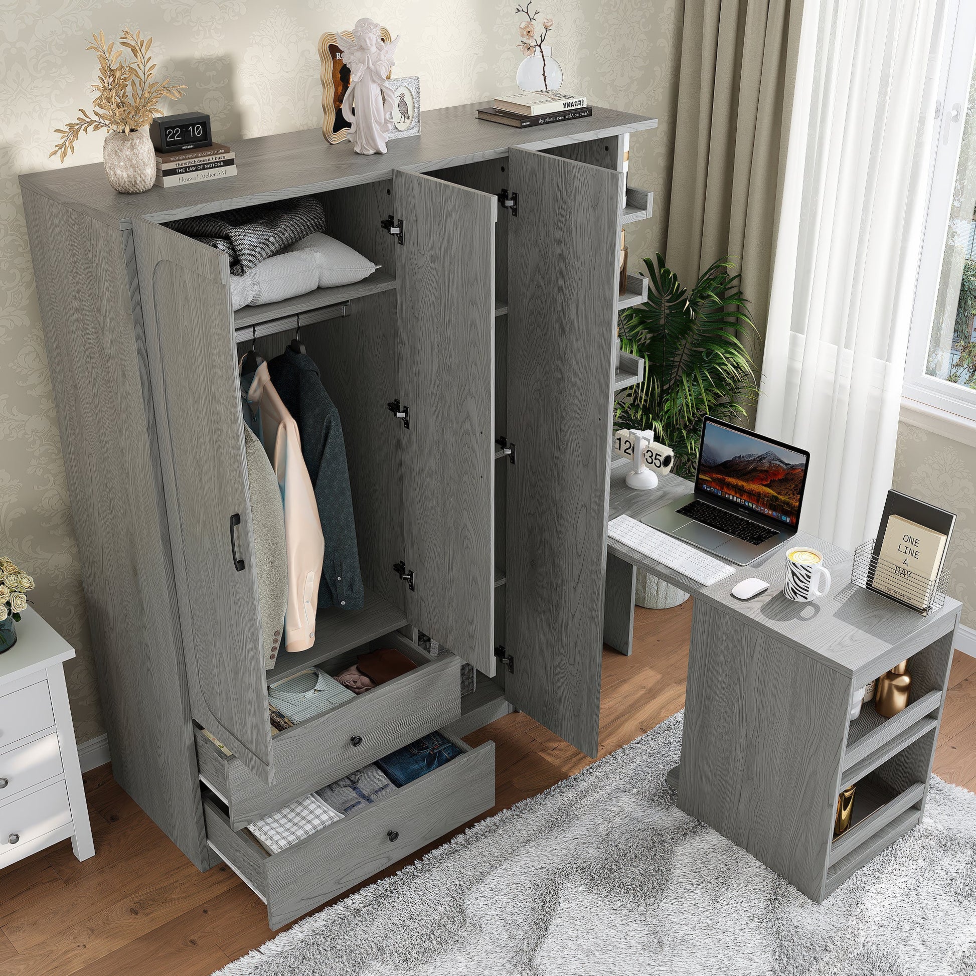 Multifunctional Wardrobe with 2 Doors and Hanging Rod, Wooden clothes closet with Convertible Desk and Storage Drawers, Multi - storage Spaces, for Bedroom, Cloak Room, Laundry, Gray - 1st Choice Furniture Direct