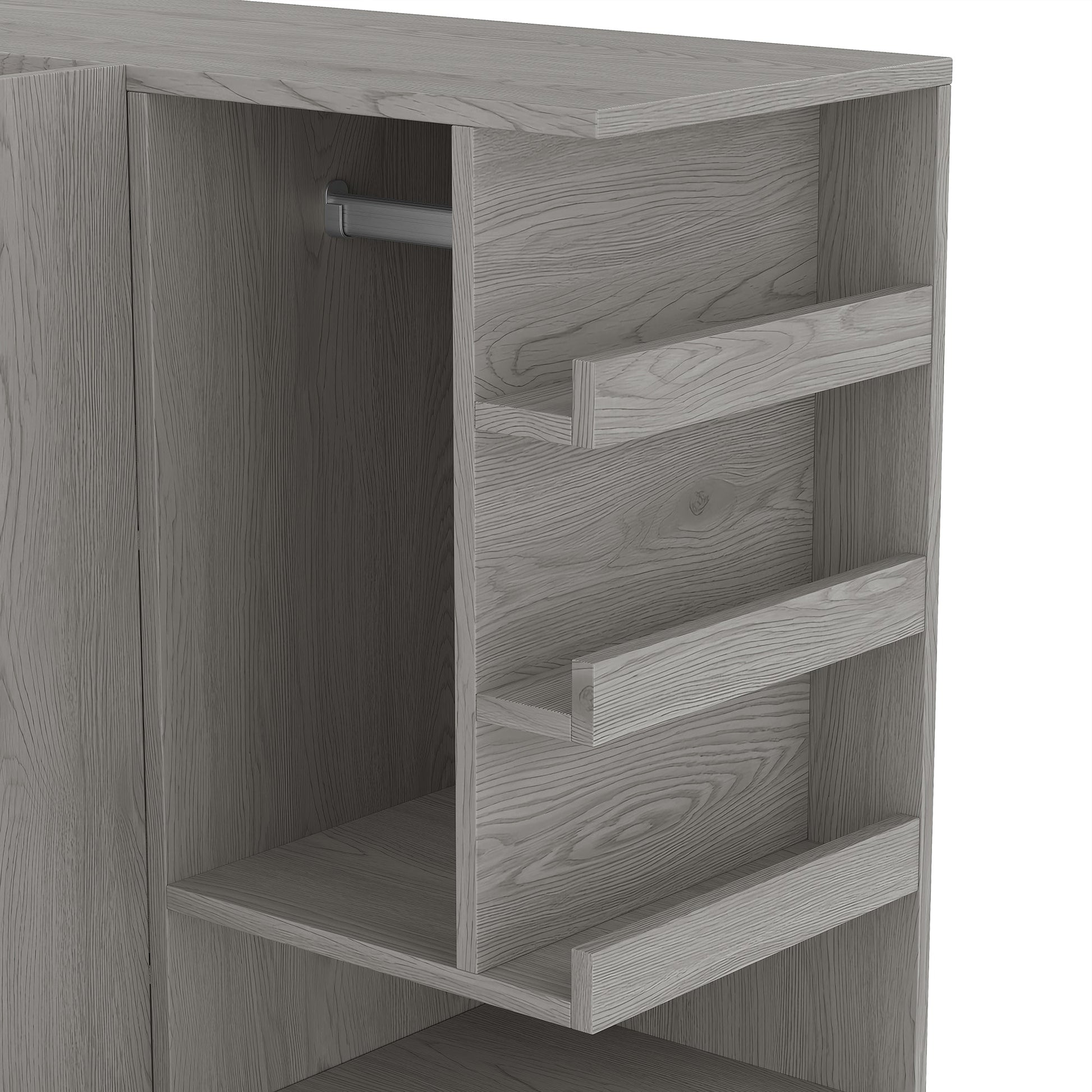 Multifunctional Wardrobe with 2 Doors and Hanging Rod, Wooden clothes closet with Convertible Desk and Storage Drawers, Multi - storage Spaces, for Bedroom, Cloak Room, Laundry, Gray - 1st Choice Furniture Direct