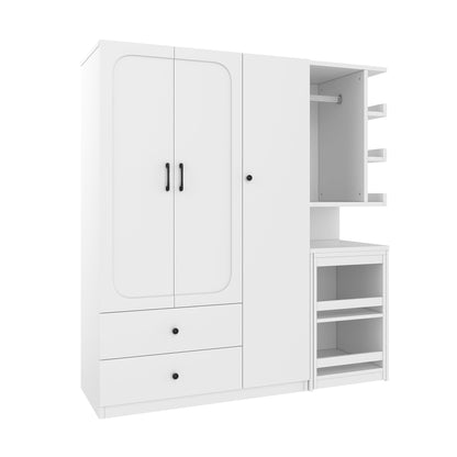 Multifunctional Wardrobe with 2 Doors and Hanging Rod, Wooden clothes closet with Convertible Desk and Storage Drawers, Multi - storage Spaces, for Bedroom, Cloak Room, Laundry, White - 1st Choice Furniture Direct