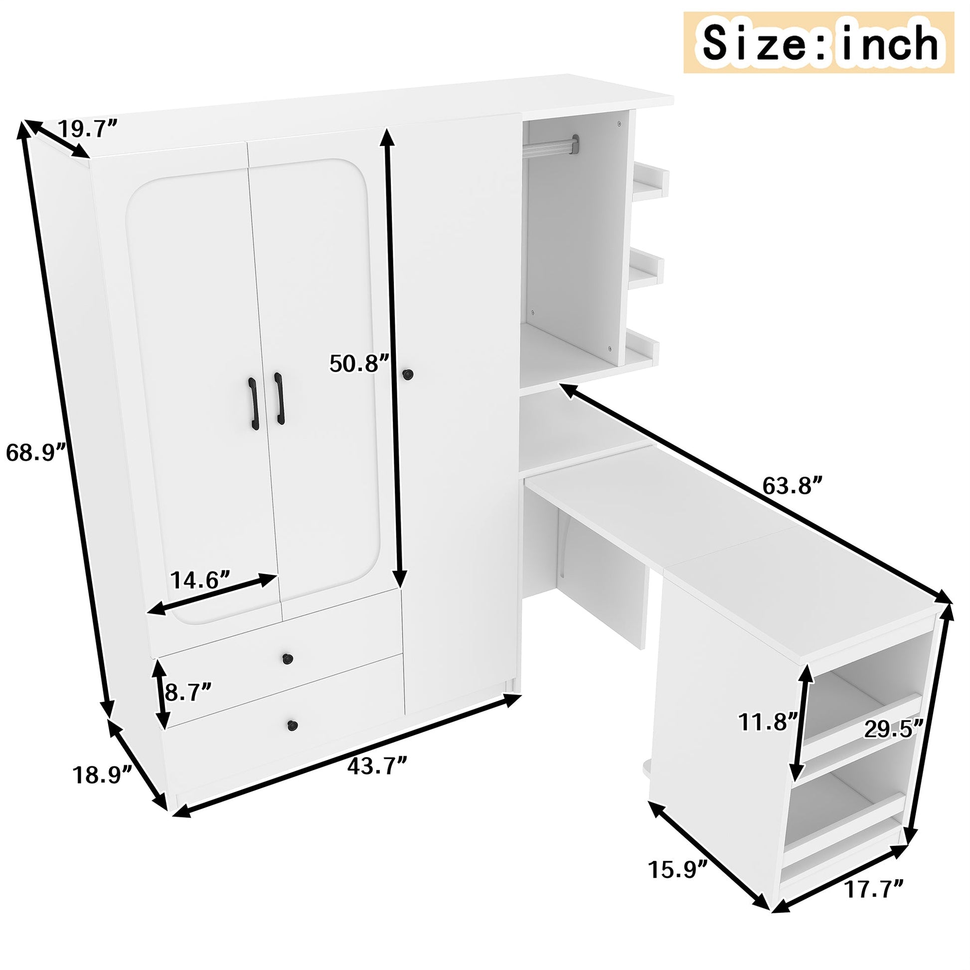 Multifunctional Wardrobe with 2 Doors and Hanging Rod, Wooden clothes closet with Convertible Desk and Storage Drawers, Multi - storage Spaces, for Bedroom, Cloak Room, Laundry, White - 1st Choice Furniture Direct