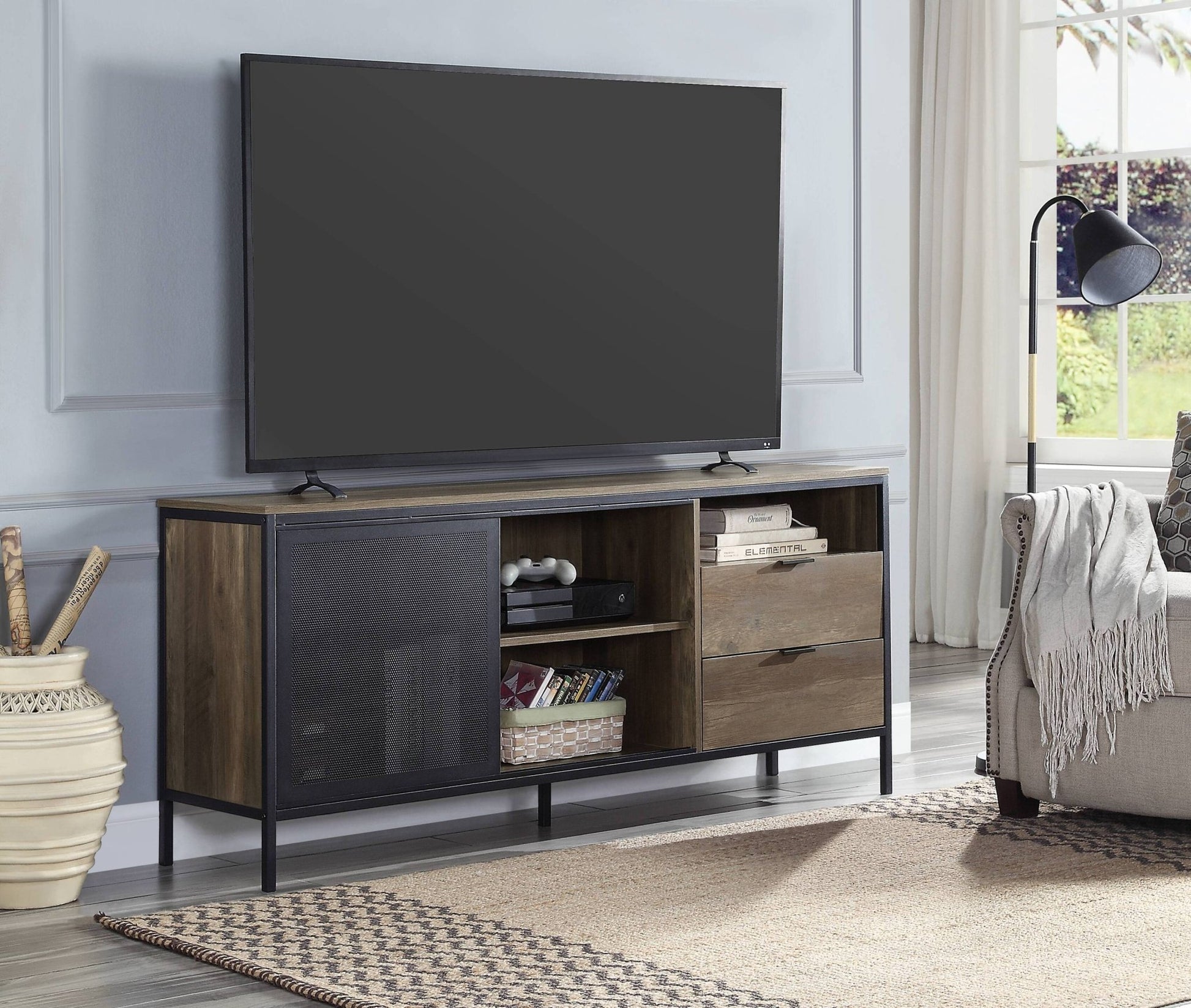 Nantan Rustic Oak & Black Finish TV Stand - 1st Choice Furniture Direct