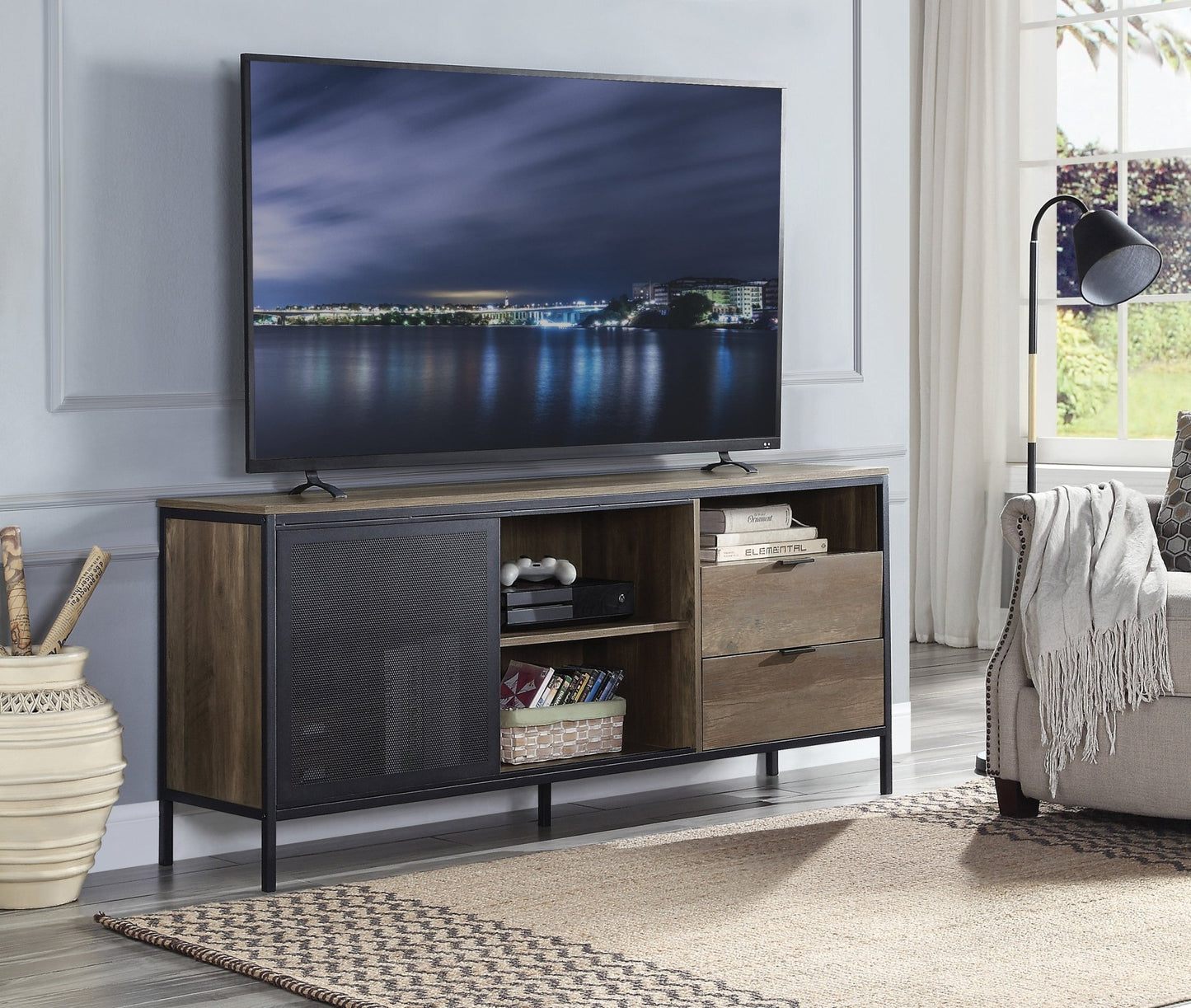 Nantan Rustic Oak & Black Finish TV Stand - 1st Choice Furniture Direct