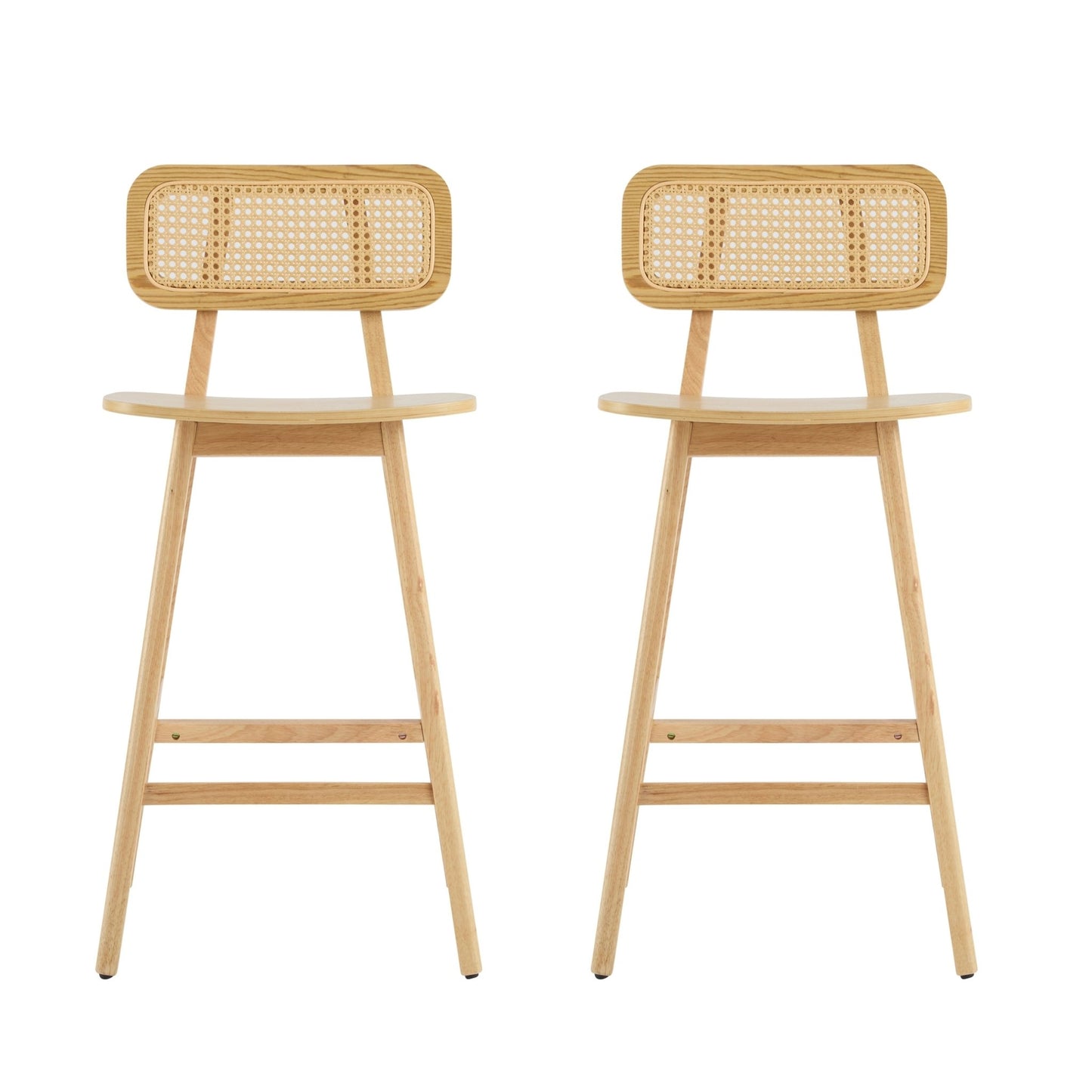 Natural Wood & Rattan Bar Stools Set of 2 | Modern Coastal Counter Chairs with Woven Back - 1st Choice Furniture Direct