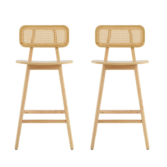 Natural Wood & Rattan Bar Stools Set of 2 | Modern Coastal Counter Chairs with Woven Back - 1st Choice Furniture Direct