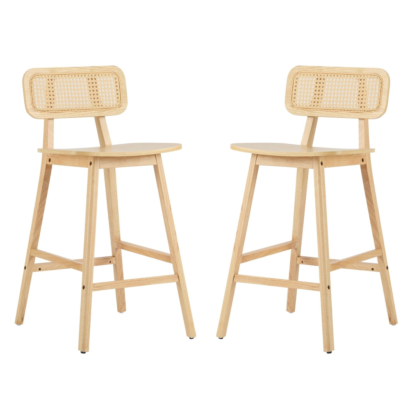 Natural Wood & Rattan Bar Stools Set of 2 | Modern Coastal Counter Chairs with Woven Back - 1st Choice Furniture Direct