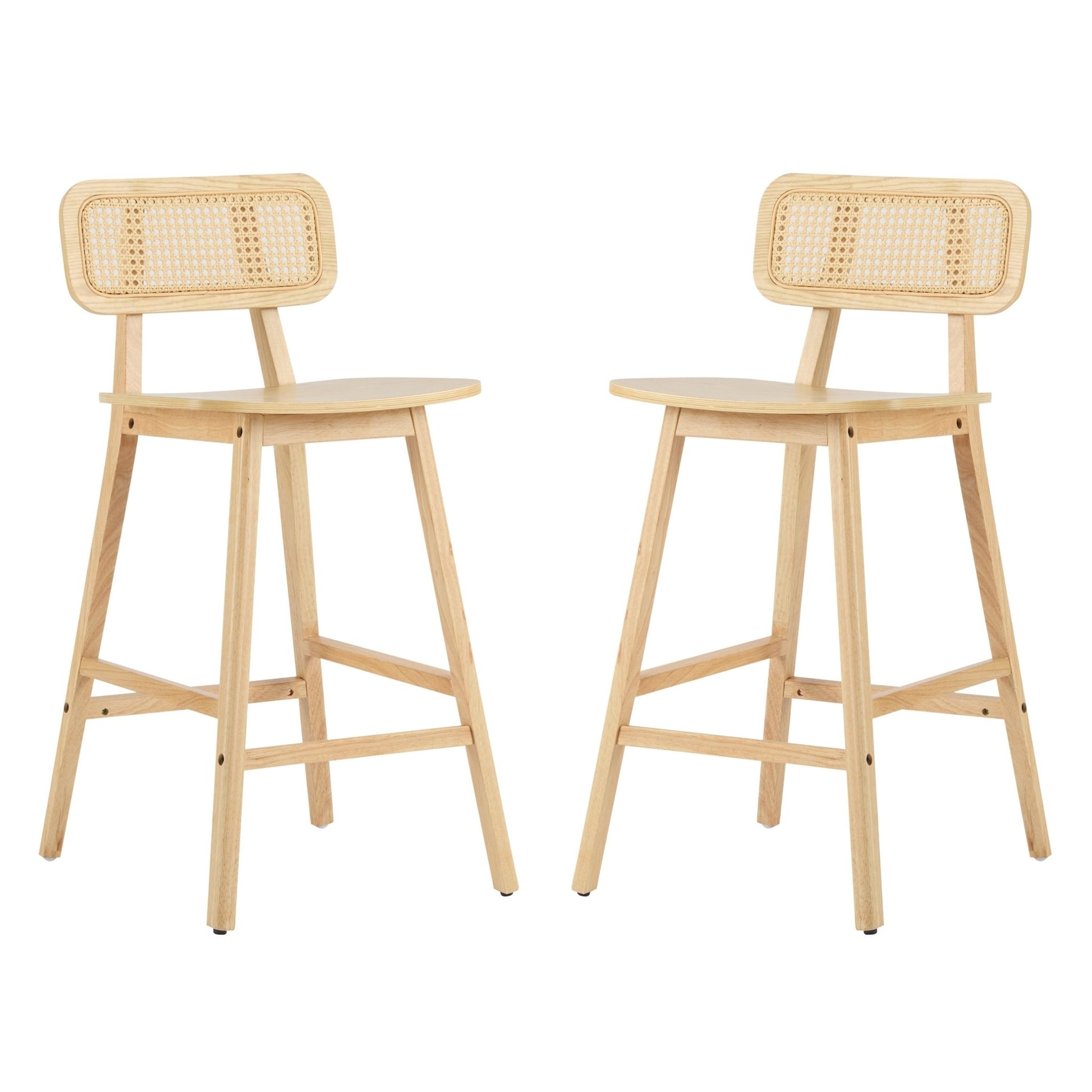 Natural Wood & Rattan Bar Stools Set of 2 | Modern Coastal Counter Chairs with Woven Back - 1st Choice Furniture Direct