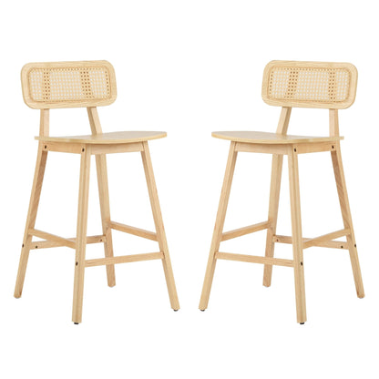 Natural Wood & Rattan Bar Stools Set of 2 | Modern Coastal Counter Chairs with Woven Back - 1st Choice Furniture Direct