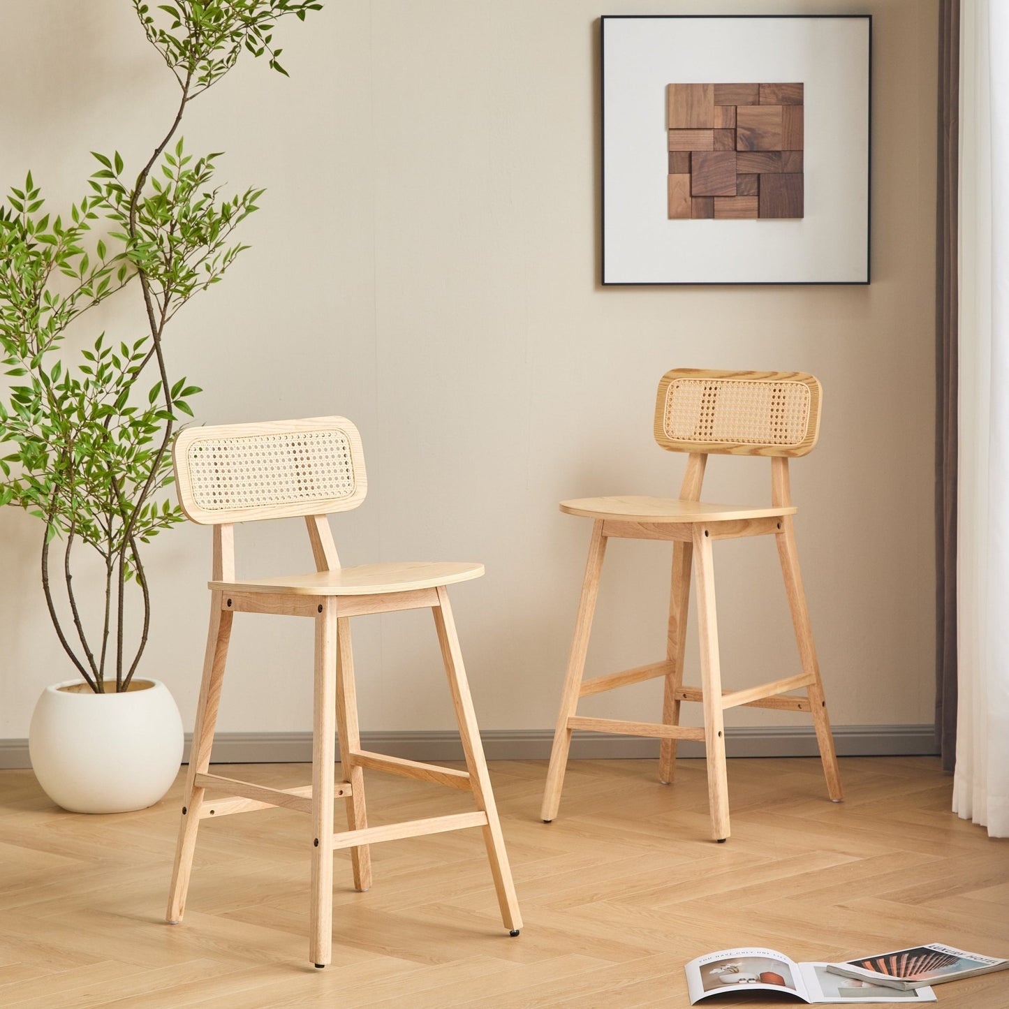 Natural Wood & Rattan Bar Stools Set of 2 | Modern Coastal Counter Chairs with Woven Back - 1st Choice Furniture Direct