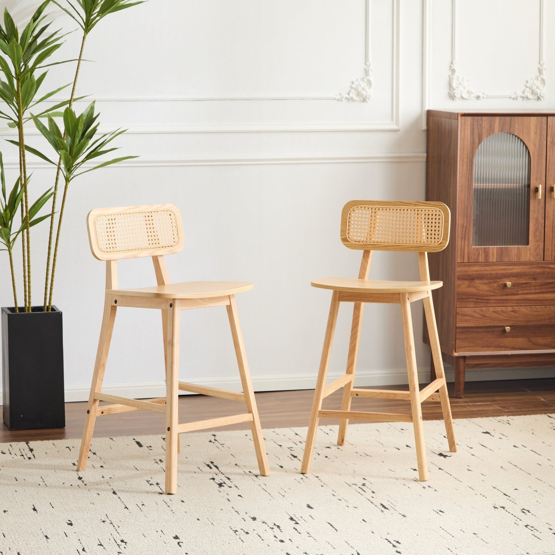 Natural Wood & Rattan Bar Stools Set of 2 | Modern Coastal Counter Chairs with Woven Back - 1st Choice Furniture Direct