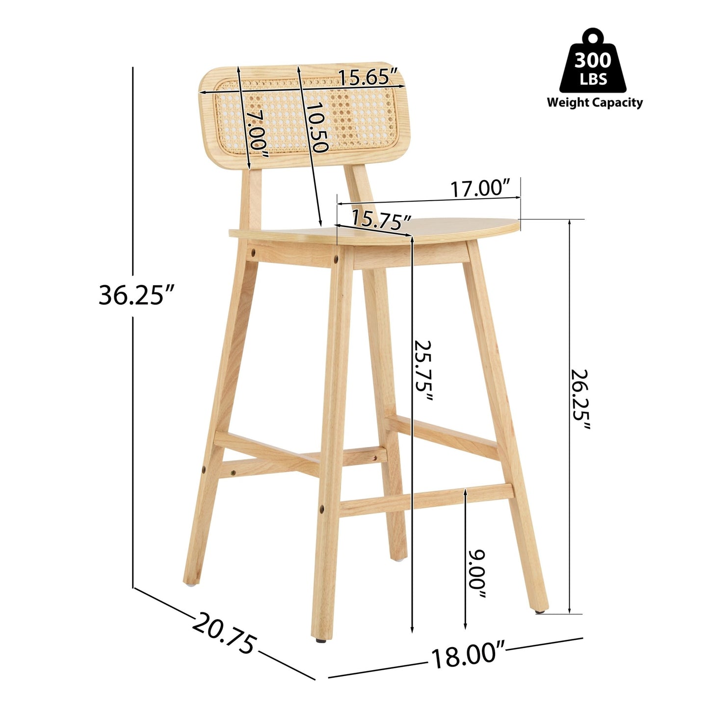 Natural Wood & Rattan Bar Stools Set of 2 | Modern Coastal Counter Chairs with Woven Back - 1st Choice Furniture Direct