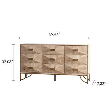 Natural Wood Sideboard Buffet Cabinet – Modern Geometric Storage Console with Gold Legs - 1st Choice Furniture Direct