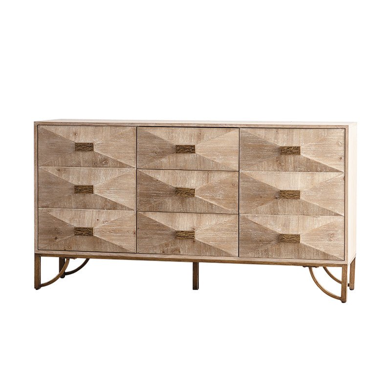 Natural Wood Sideboard Buffet Cabinet – Modern Geometric Storage Console with Gold Legs - 1st Choice Furniture Direct