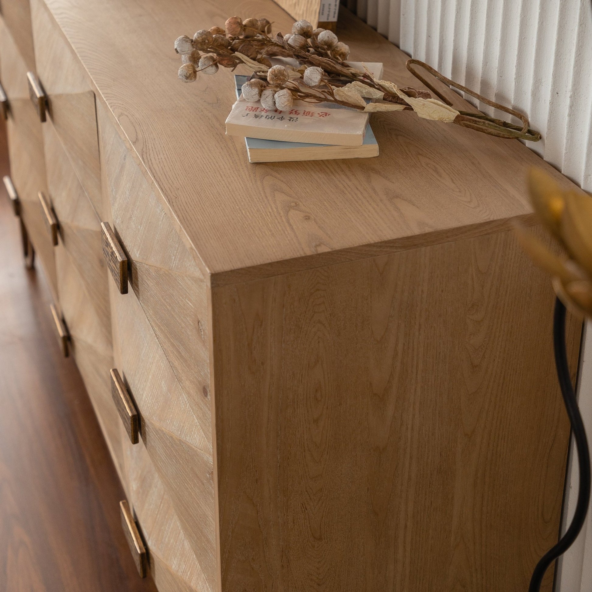 Natural Wood Sideboard Buffet Cabinet – Modern Geometric Storage Console with Gold Legs - 1st Choice Furniture Direct