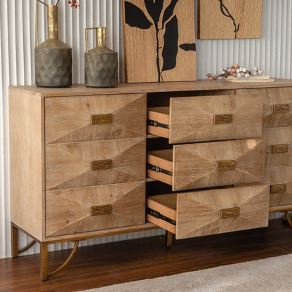 Natural Wood Sideboard Buffet Cabinet – Modern Geometric Storage Console with Gold Legs - 1st Choice Furniture Direct