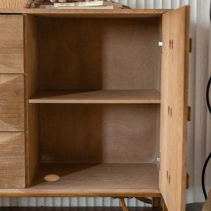 Natural Wood Sideboard Buffet Cabinet – Modern Geometric Storage Console with Gold Legs - 1st Choice Furniture Direct