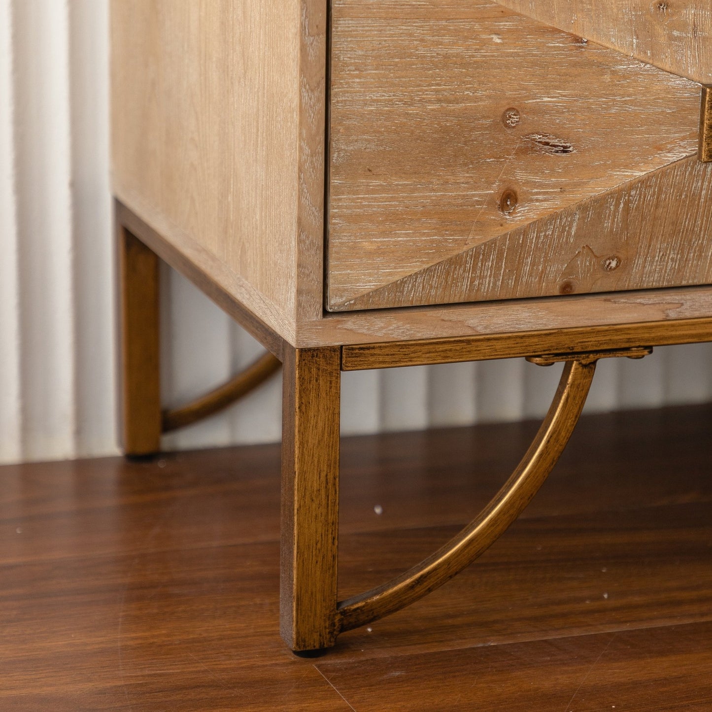 Natural Wood Sideboard Buffet Cabinet – Modern Geometric Storage Console with Gold Legs - 1st Choice Furniture Direct