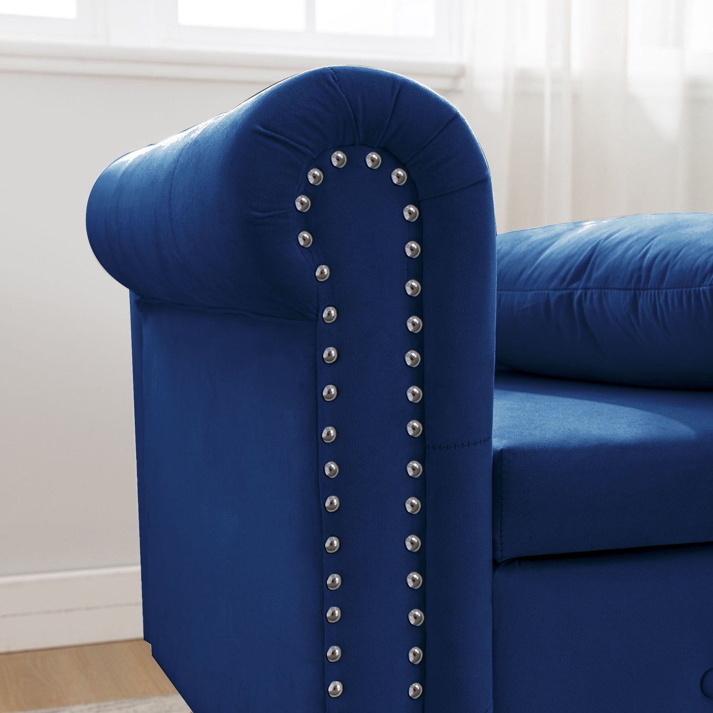 Navy Blue Chaise Lounge Indoor, Velvet Lounge Chair for Bedroom with Storage & Pillow, Modern Upholstered Rolled Arm Chase Lounge for Sleeping with Nailhead Trim for Living Room Bedroom Office - 1st Choice Furniture Direct