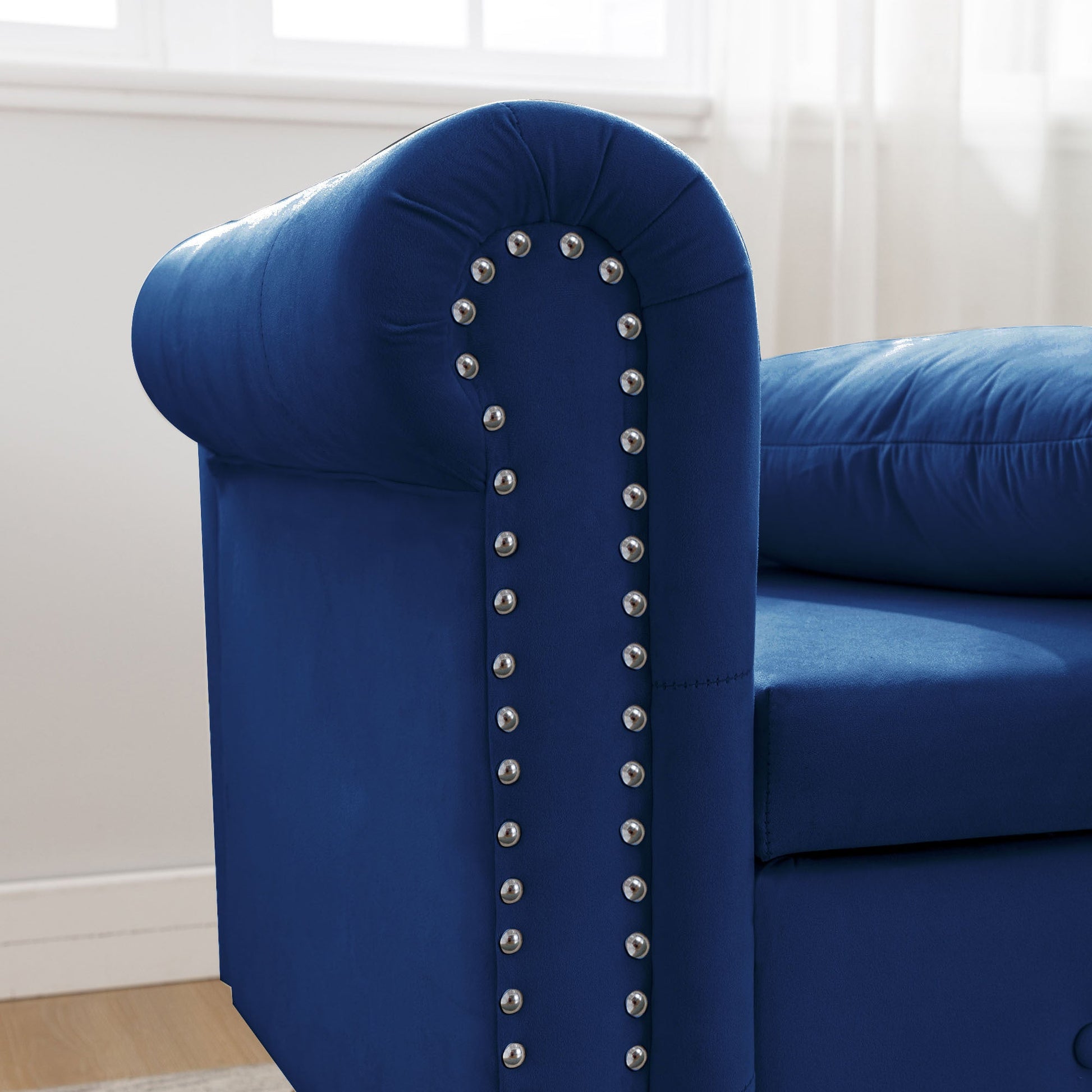 Navy Blue Chaise Lounge Indoor, Velvet Lounge Chair for Bedroom with Storage & Pillow, Modern Upholstered Rolled Arm Chase Lounge for Sleeping with Nailhead Trim for Living Room Bedroom Office - 1st Choice Furniture Direct