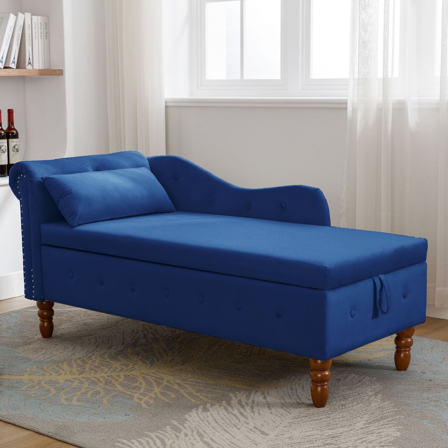 Navy Blue Chaise Lounge Indoor, Velvet Lounge Chair for Bedroom with Storage & Pillow, Modern Upholstered Rolled Arm Chase Lounge for Sleeping with Nailhead Trim for Living Room Bedroom Office - 1st Choice Furniture Direct