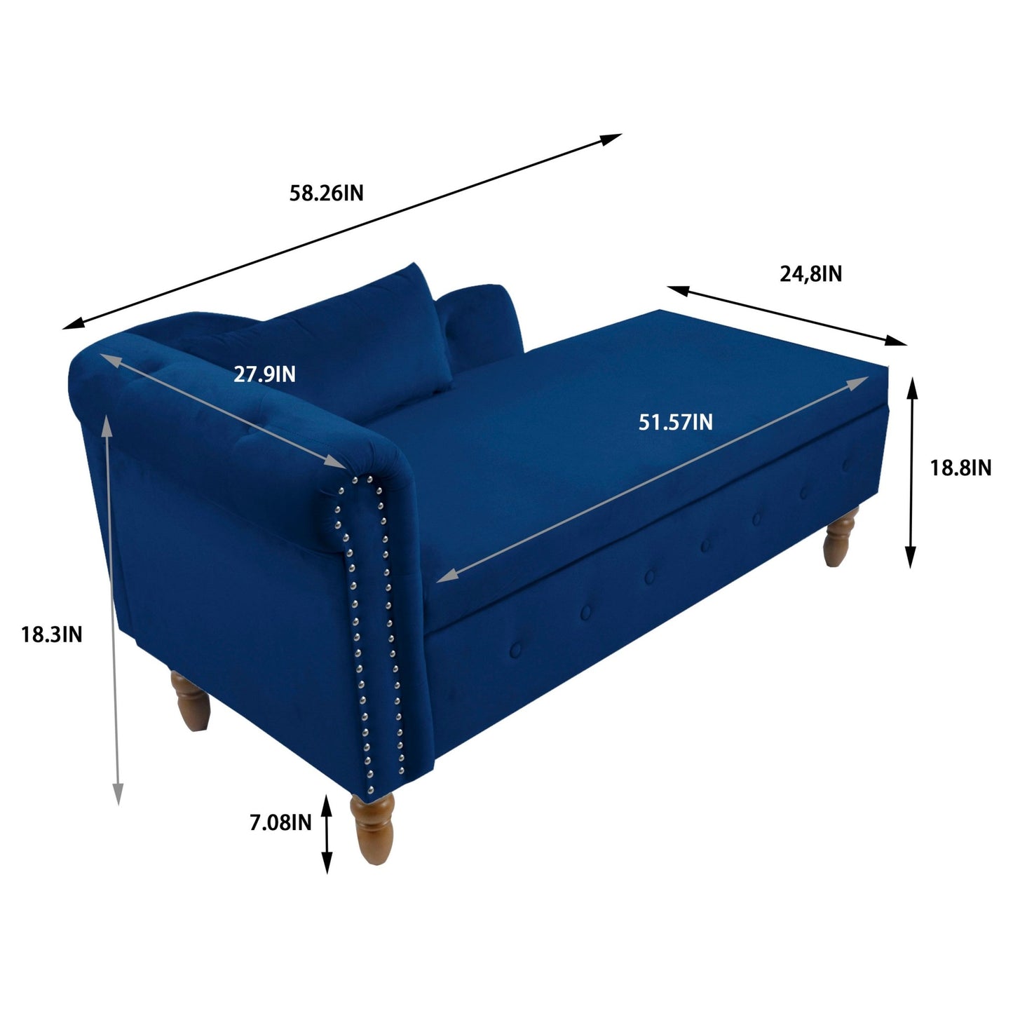 Navy Blue Chaise Lounge Indoor, Velvet Lounge Chair for Bedroom with Storage & Pillow, Modern Upholstered Rolled Arm Chase Lounge for Sleeping with Nailhead Trim for Living Room Bedroom Office - 1st Choice Furniture Direct